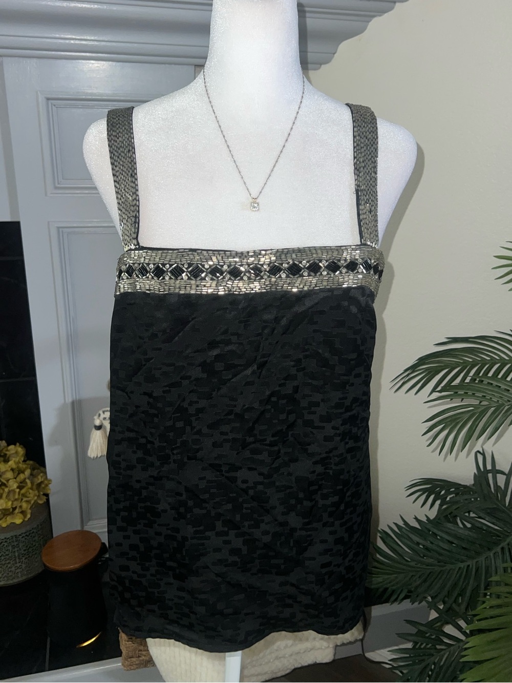 Vintage d'ore Black 100% Silk Top with Silver Beaded Trim